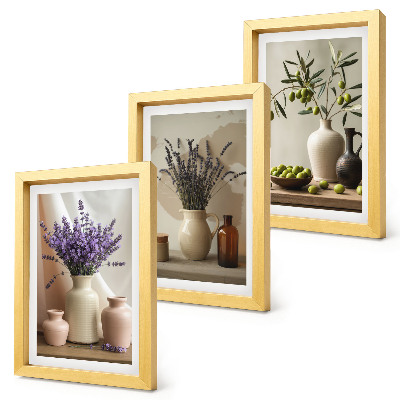 Composizione di 3 quadri Fiori di lavanda, olive e vasi di ceramica