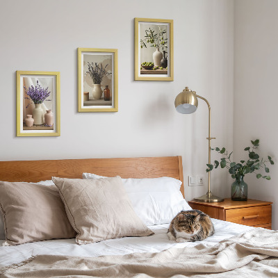 Composizione di 3 quadri Fiori di lavanda, olive e vasi di ceramica