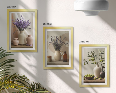 Composizione di 3 quadri Fiori di lavanda, olive e vasi di ceramica