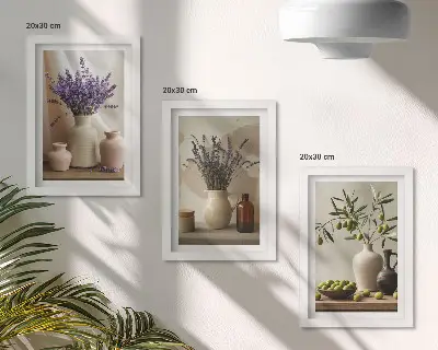 Composizione di 3 quadri con fiori di lavanda, olive e vasi di ceramica
