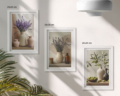 Composizione di 3 quadri Fiori di lavanda, olive e vasi di ceramica