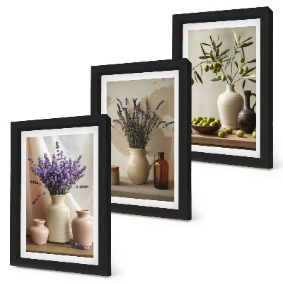 Composizione di 3 quadri Fiori di lavanda, olive e vasi di ceramica