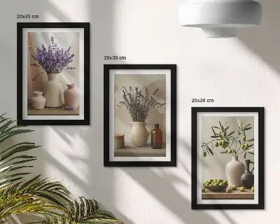 Composizione di 3 quadri con fiori di lavanda, olive e vasi di ceramica