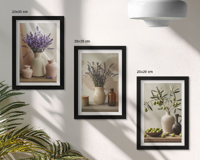 Composizione di 3 quadri Fiori di lavanda, olive e vasi di ceramica