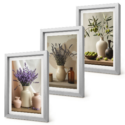 Composizione di 3 quadri Fiori di lavanda, olive e vasi di ceramica