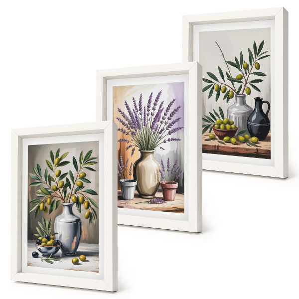 Trittico incorniciato Fiori e olive in vasi su uno sfondo chiaro