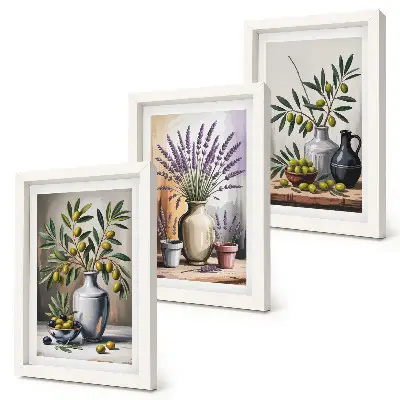 Trittico incorniciato con fiori e olive in vasi su sfondo chiaro
