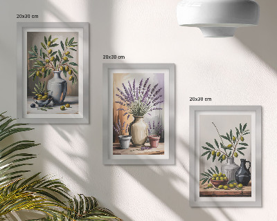 Trittico incorniciato Fiori e olive in vasi su uno sfondo chiaro