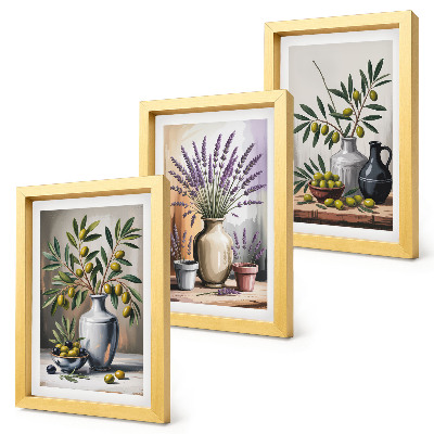 Trittico incorniciato Fiori e olive in vasi su uno sfondo chiaro