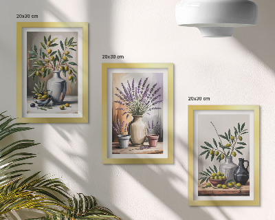 Trittico incorniciato Fiori e olive in vasi su uno sfondo chiaro