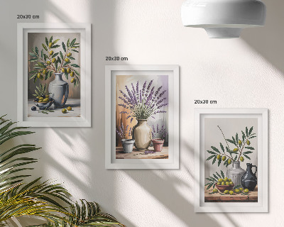 Trittico incorniciato Fiori e olive in vasi su uno sfondo chiaro