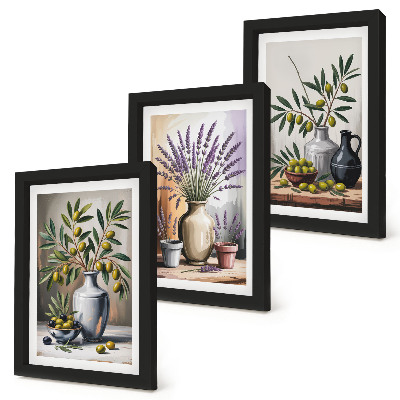 Trittico incorniciato Fiori e olive in vasi su uno sfondo chiaro
