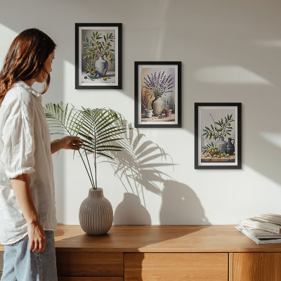 Trittico incorniciato Fiori e olive in vasi su uno sfondo chiaro