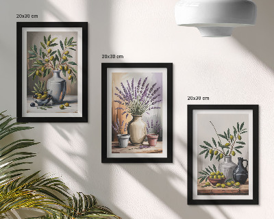 Trittico incorniciato Fiori e olive in vasi su uno sfondo chiaro