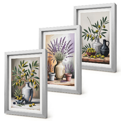 Trittico incorniciato Fiori e olive in vasi su uno sfondo chiaro