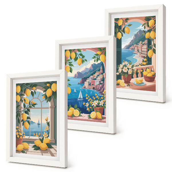 Composizione di 3 quadri Finestra con vista mare e limoni italiani