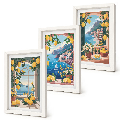 Composizione di 3 quadri Finestra con vista mare e limoni italiani