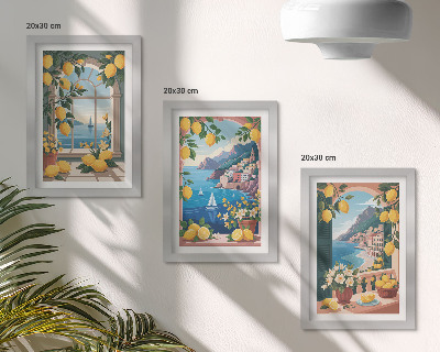 Composizione di 3 quadri Finestra con vista mare e limoni italiani