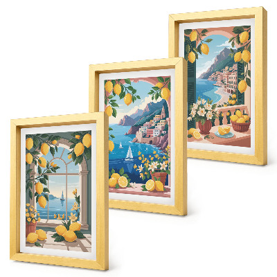Composizione di 3 quadri Finestra con vista mare e limoni italiani