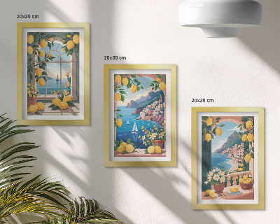 Composizione di 3 quadri Finestra con vista mare e limoni italiani