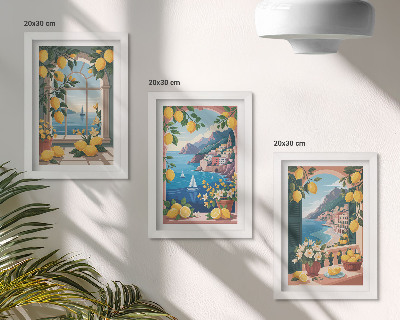 Composizione di 3 quadri Finestra con vista mare e limoni italiani