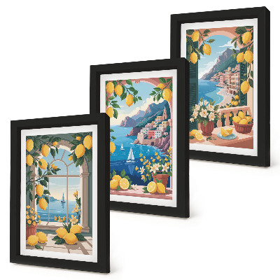 Composizione di 3 quadri Finestra con vista mare e limoni italiani