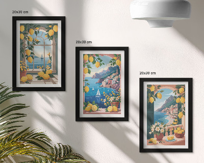 Composizione di 3 quadri Finestra con vista mare e limoni italiani