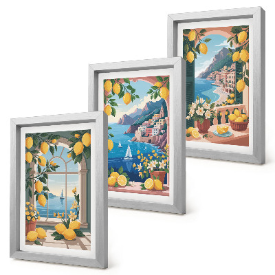 Composizione di 3 quadri Finestra con vista mare e limoni italiani