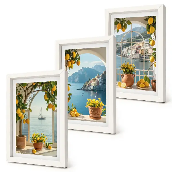 Cittadina di mare, limoni e fiori in vaso composizione di 3 quadri