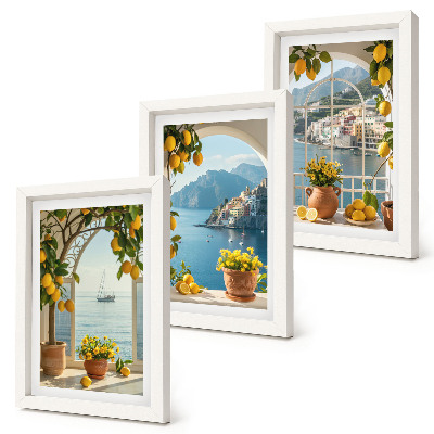 Composizione di 3 quadri Cittadina di mare, limoni e fiori in vaso