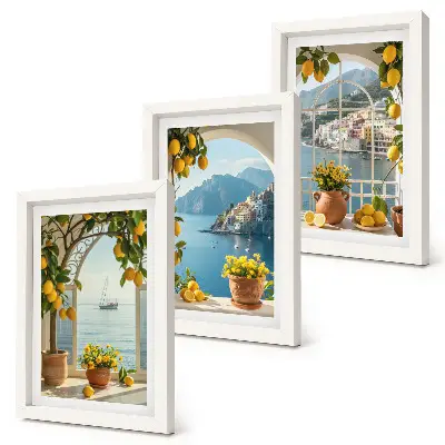 Cittadina di mare, limoni e fiori in vaso composizione di 3 quadri