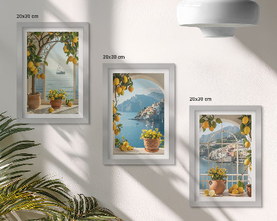 Composizione di 3 quadri Cittadina di mare, limoni e fiori in vaso