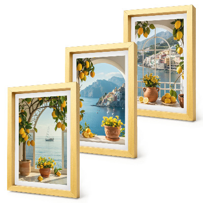 Composizione di 3 quadri Cittadina di mare, limoni e fiori in vaso