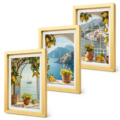 Cittadina di mare, limoni e fiori in vaso composizione di 3 quadri