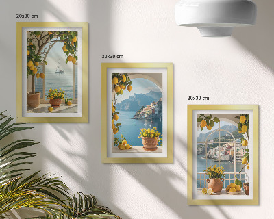 Composizione di 3 quadri Cittadina di mare, limoni e fiori in vaso