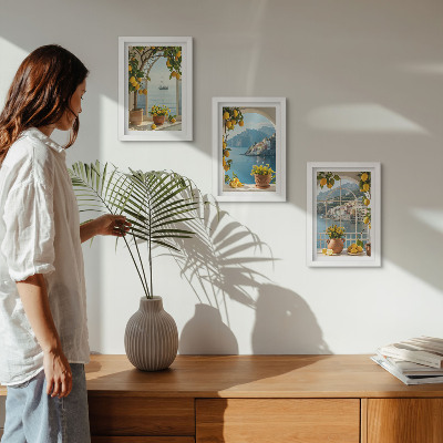 Composizione di 3 quadri Cittadina di mare, limoni e fiori in vaso