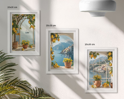 Composizione di 3 quadri Cittadina di mare, limoni e fiori in vaso