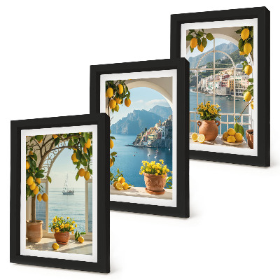 Composizione di 3 quadri Cittadina di mare, limoni e fiori in vaso