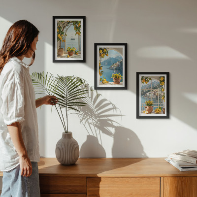 Composizione di 3 quadri Cittadina di mare, limoni e fiori in vaso