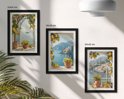Composizione di 3 quadri Cittadina di mare, limoni e fiori in vaso