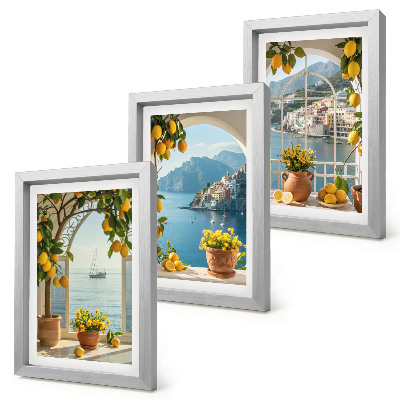 Composizione di 3 quadri Cittadina di mare, limoni e fiori in vaso