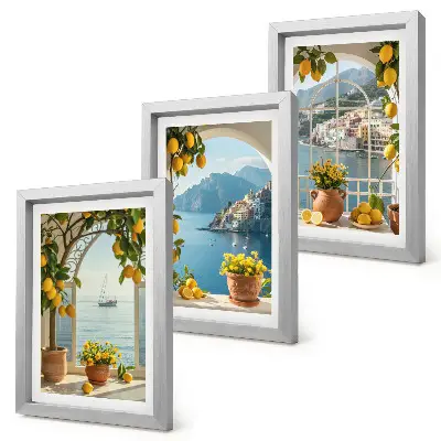 Cittadina di mare, limoni e fiori in vaso composizione di 3 quadri