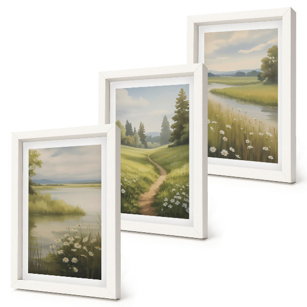 Trittico incorniciato Paesaggio primaverile con un sentiero lungo il fiume e un prato fiorito.