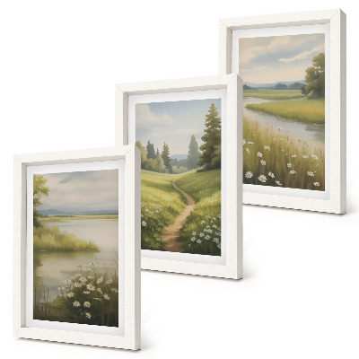 Trittico incorniciato Paesaggio primaverile con un sentiero lungo il fiume e un prato fiorito.