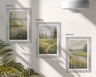 Trittico incorniciato Paesaggio primaverile con un sentiero lungo il fiume e un prato fiorito.