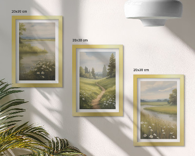 Trittico incorniciato Paesaggio primaverile con un sentiero lungo il fiume e un prato fiorito.