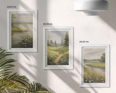 Trittico incorniciato Paesaggio primaverile con un sentiero lungo il fiume e un prato fiorito.