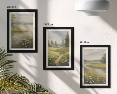 Trittico incorniciato Paesaggio primaverile con un sentiero lungo il fiume e un prato fiorito.
