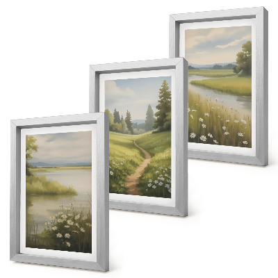 Trittico incorniciato Paesaggio primaverile con un sentiero lungo il fiume e un prato fiorito.