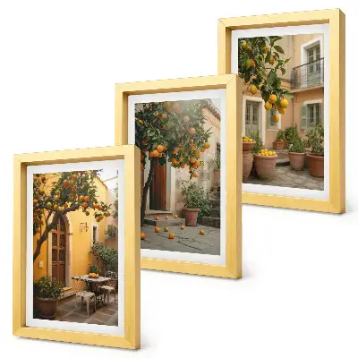 Trittico di quadri raffigurante un giardino con alberi di agrumi in un ambiente soleggiato